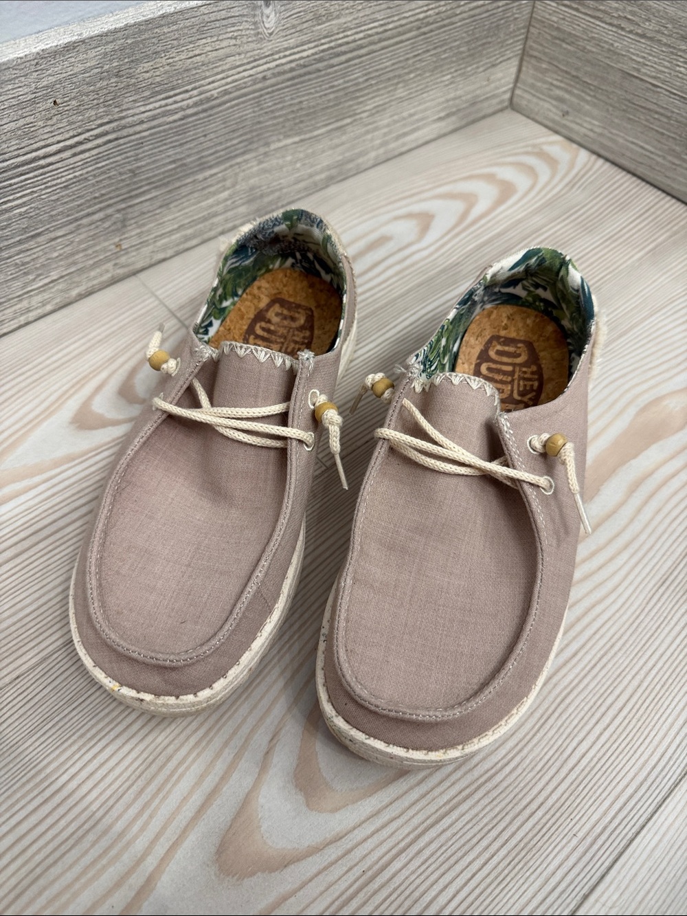 Hey Dude Women's Taupe Canvas Wally Slip-Ons with Floral Lining